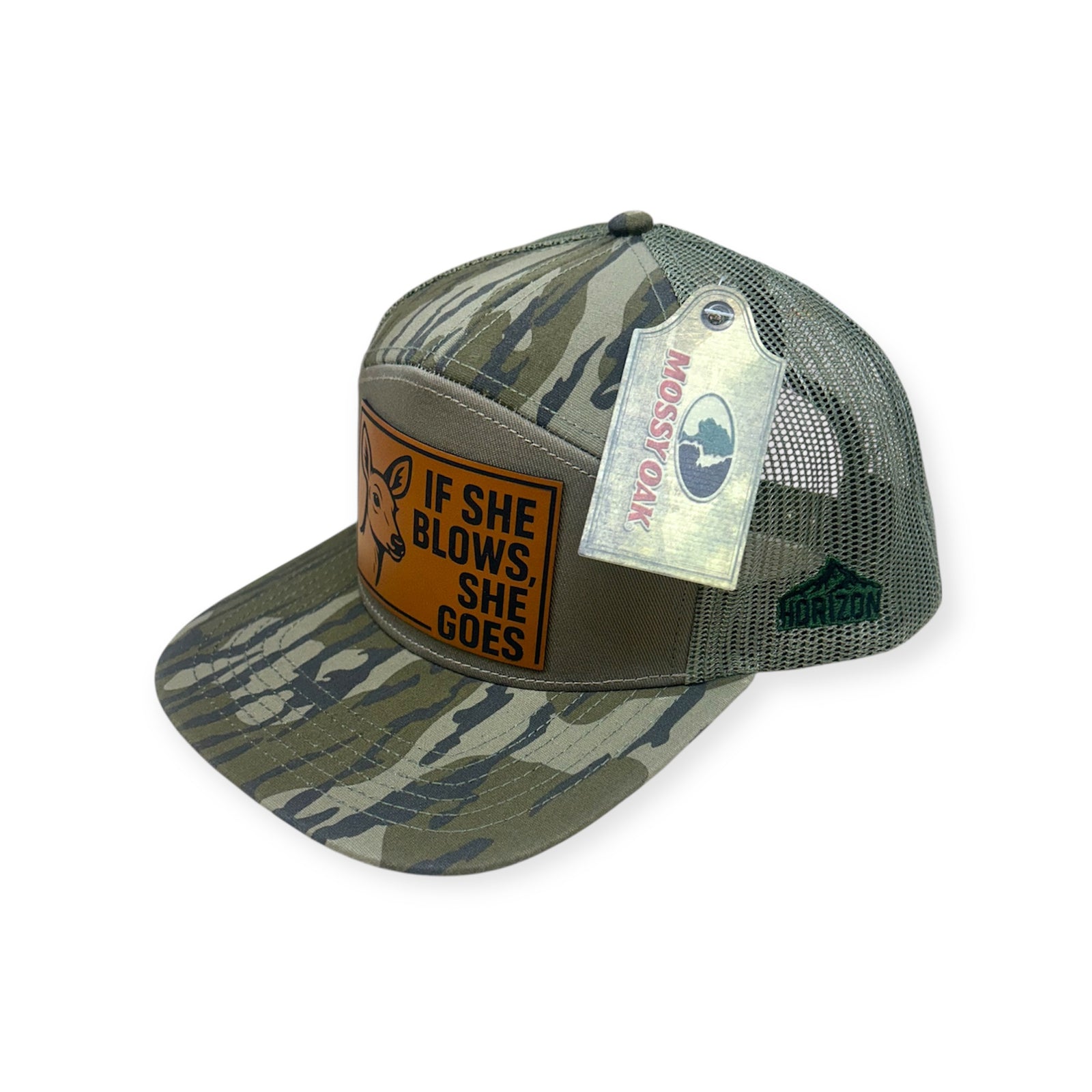 If She Blows, She Goes Patch Hat - Camo 7 Panel Trucker Hat