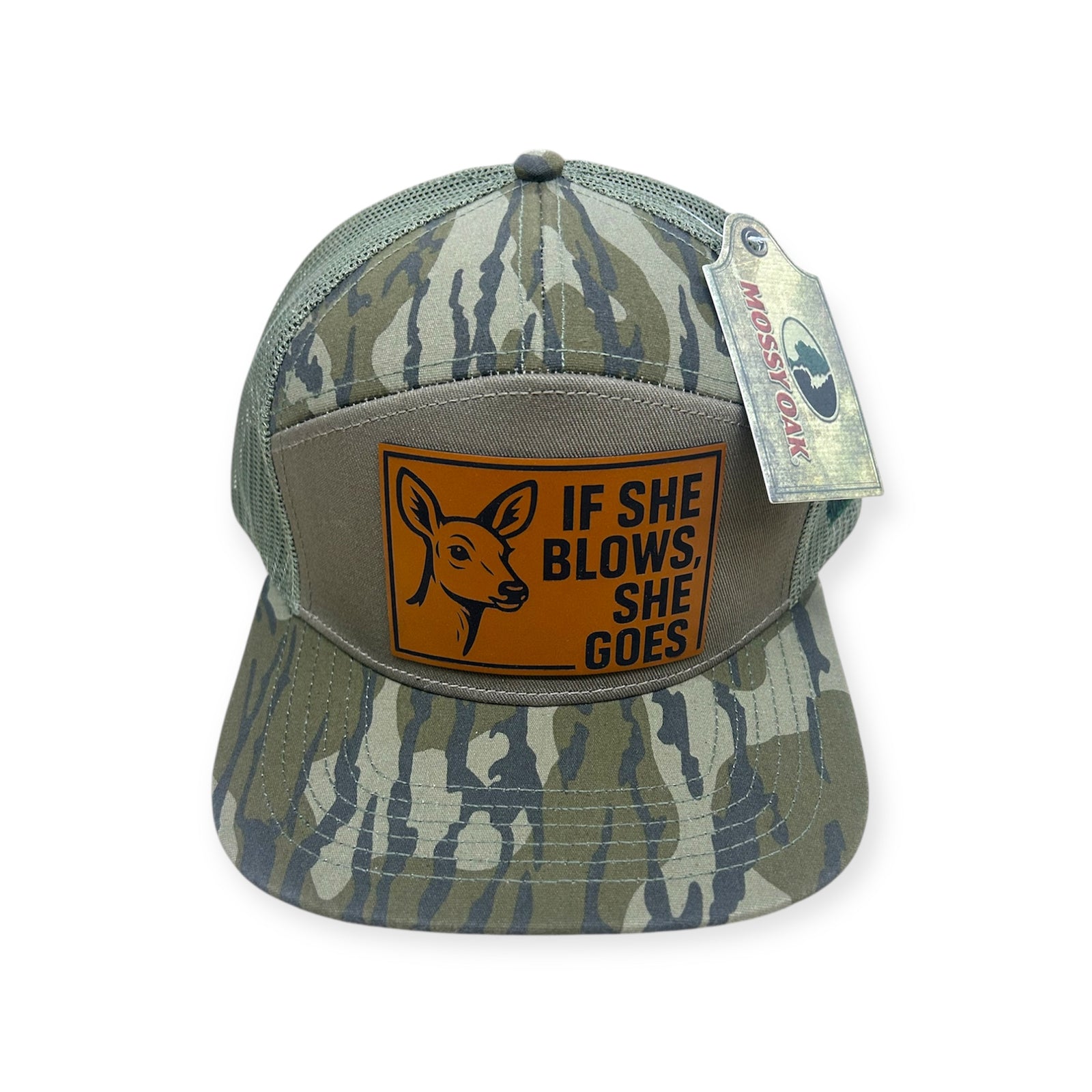 If She Blows, She Goes Patch Hat - Camo 7 Panel Trucker Hat